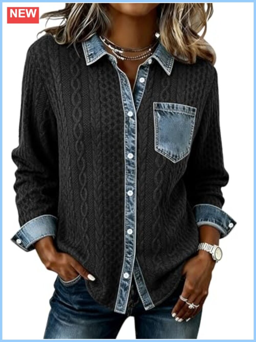 Womens Denim Patchwork Shacket Button Down Loose Fit Long Sleeve Casual Jacket